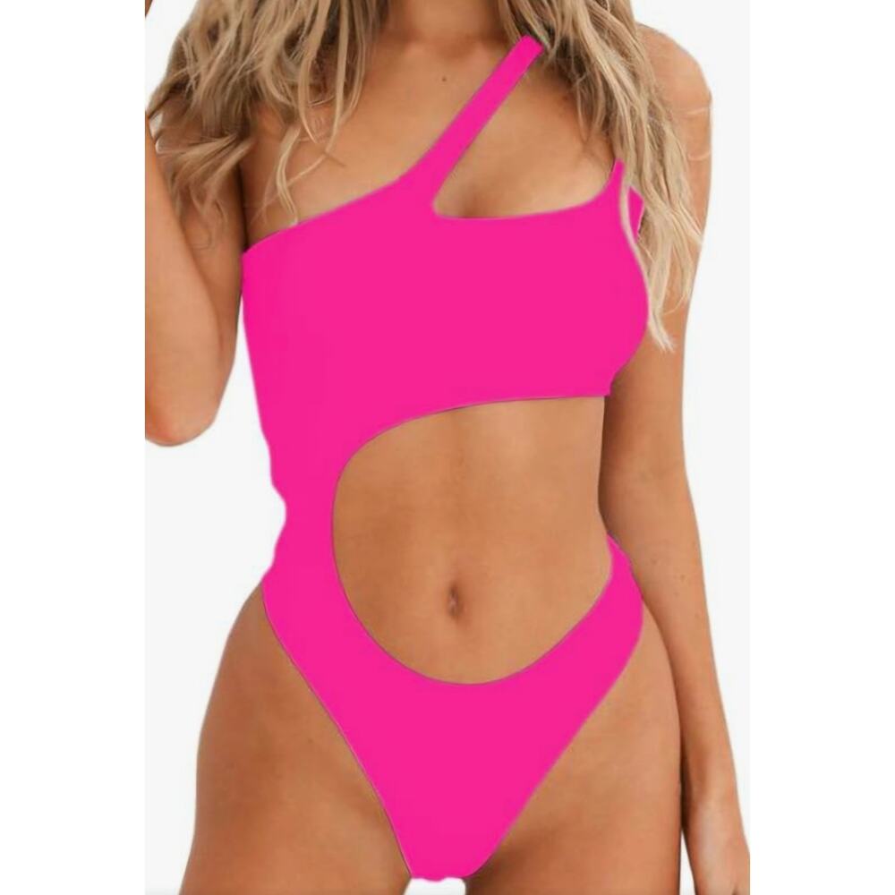 YELAIVP Women's Cutout Sexy One Shoulder High Cut Swimsuit Hot Pink